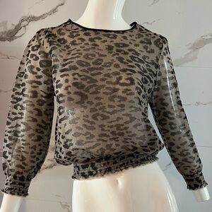Zara Black & Gray Sheer Leopard-Print Long Sleeve Mesh Top Size S